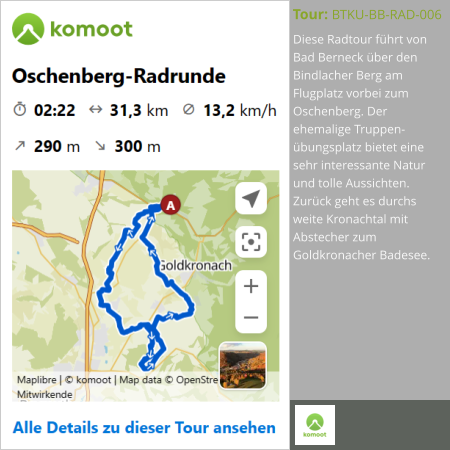 Diese Radtour führt von Bad Berneck über den Bindlacher Berg am Flugplatz vorbei zum Oschenberg. Der ehemalige Truppen-übungsplatz bietet eine sehr interessante Natur und tolle Aussichten. Zurück geht es durchs weite Kronachtal mit Abstecher zum Goldkronacher Badesee. Tour: BTKU-BB-RAD-006