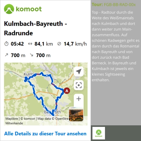 Top - Radtour durch die Weite des Weißmaintals nach Kulmbach und dort dann weiter zum Main-zusammenfluss. Auf schönen Radwegen geht es dann durch das Rotmaintal nach Bayreuth und von dort zurück nach Bad Berneck. In Bayreuth und Kulmbach ist jeweils ein kleines Sightseeing enthalten.  Tour: FGB-BB-RAD-00x