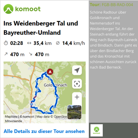 Schöne Radtour über Goldkronach und Nemmersdorf ins Weidenberger Tal. An der Steinach entlang führt der Weg nach Bayreuth-Laineck und Bindlach. Dann geht es über den Bindlacher Berg und das Kronachtal mit schönen Aussichten zurück nach Bad Berneck.  Tour: FGB-BB-RAD-004