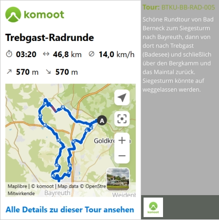 Schöne Rundtour von Bad Berneck zum Siegesturm nach Bayreuth, dann von dort nach Trebgast (Badesee) und schließlich über den Bergkamm und das Maintal zurück. Siegesturm könnte auf weggelassen werden.  Tour: BTKU-BB-RAD-005