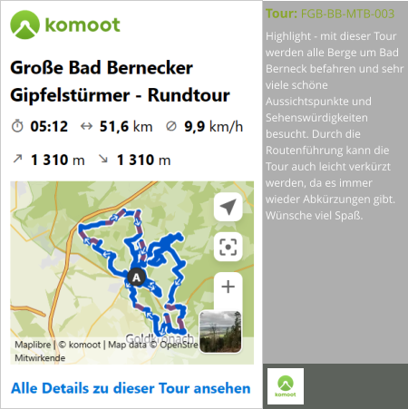 Highlight - mit dieser Tour werden alle Berge um Bad Berneck befahren und sehr viele schöne Aussichtspunkte und Sehenswürdigkeiten besucht. Durch die Routenführung kann die Tour auch leicht verkürzt werden, da es immer wieder Abkürzungen gibt. Wünsche viel Spaß.  Tour: FGB-BB-MTB-003