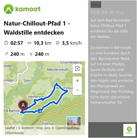 Auf dem Bad Bernecker  Natur-Chillout-Pfad 1 entdeckst Du die Stille des Waldes.  Du startest in Bärnreuth zu eine Rundtour durch den  Bärnreuther Wald auf schönen Pfaden. Spüre die Ruhe und Frische im Wald, lausche den Vögeln und entdecke die Pflanzenwelt am Wegesrand. Der Rückweg fürht durch das schöne Heinersreuther Tal. Tour  FGB-BB-W-0xx